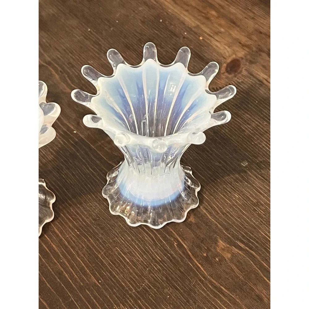 Pair of Vintage Fostoria Heirloom Blue Opalescent Glass Candlestick‎ Holders